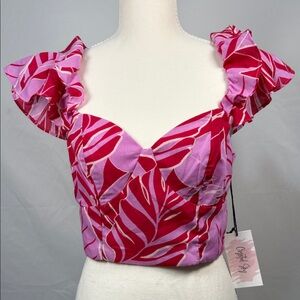 Chic Leaf Print Ruffle Sleeve Top - Pink and Red